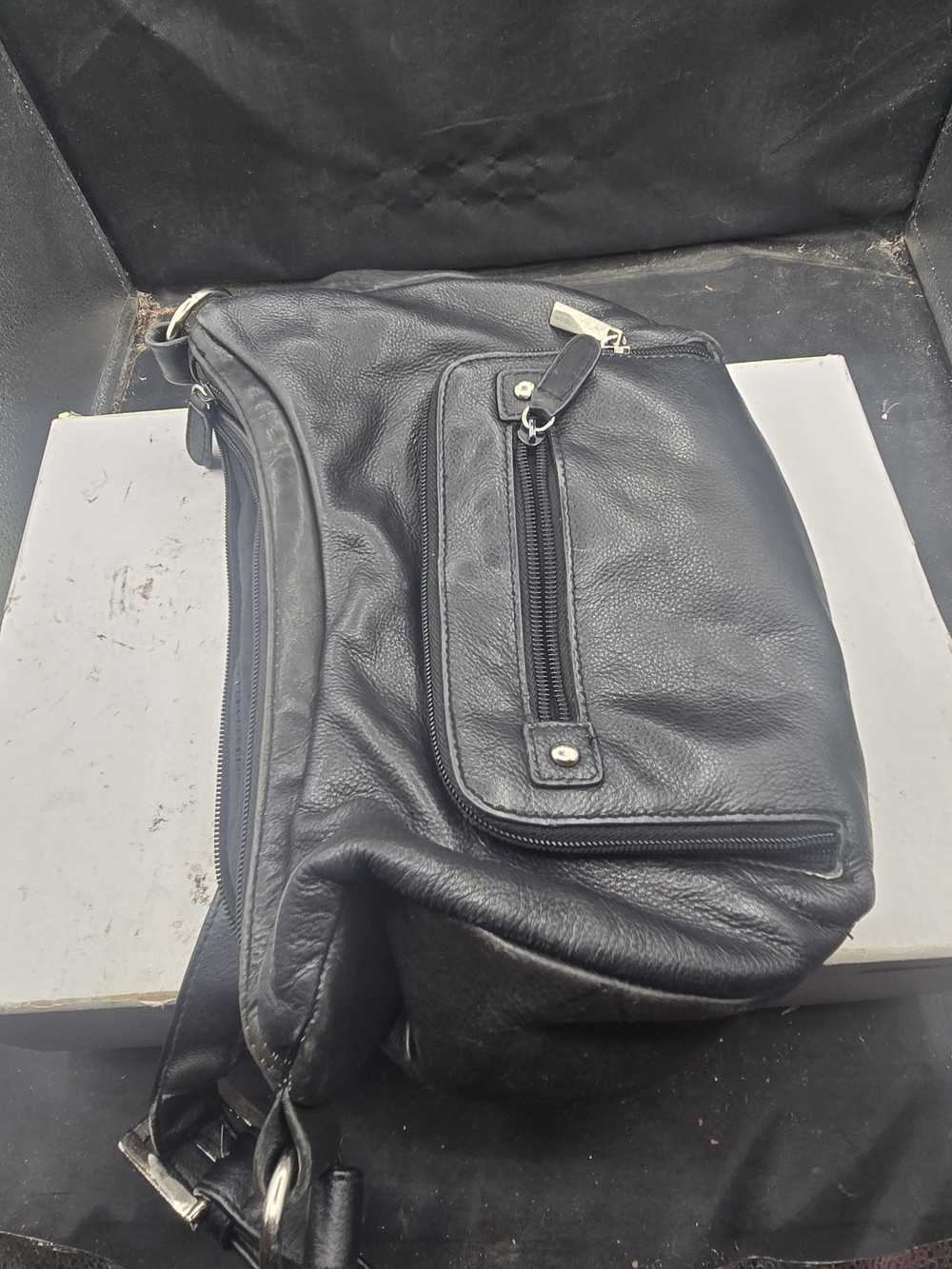 Women's Black Leather Crossbody Bag with Front Zip Pocket